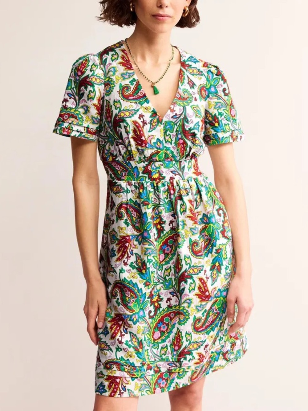 BODEN Eve Linen Short Dress Paisley Puff Sleeve Long 4L